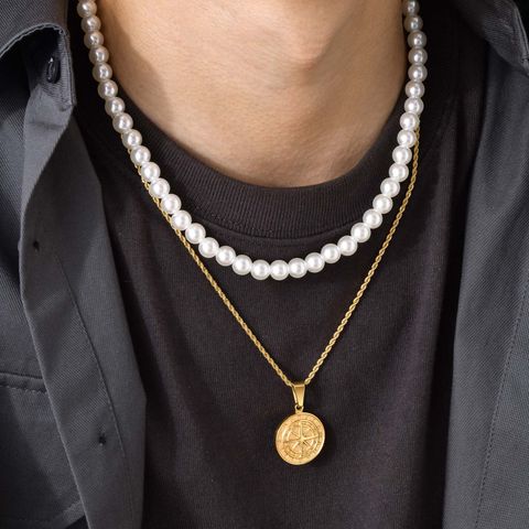 201 Stainless Steel Imitation Pearl Simple Style Classic Style Layered Plating Geometric Layered Necklaces