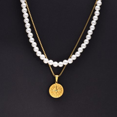 201 Stainless Steel Imitation Pearl Simple Style Classic Style Layered Plating Geometric Layered Necklaces