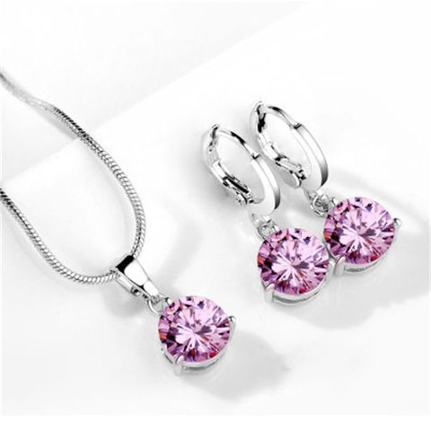 Copper Rhodium Plated Lady Simple Style Classic Style Plating Inlay Round Zircon Earrings Necklace