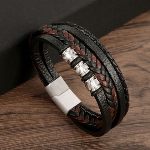 Streetwear Solid Color Stainless Steel Pu Leather Men's Bangle