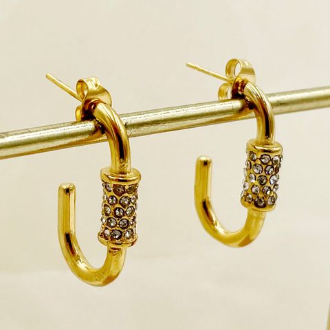 1 Pair Retro French Style C Shape Plating Inlay 304 Stainless Steel Zircon 14K Gold Plated Ear Studs