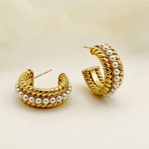 1 Pair Elegant Vintage Style Luxurious C Shape Polishing Plating Inlay 304 Stainless Steel Pearl 14K Gold Plated Ear Studs