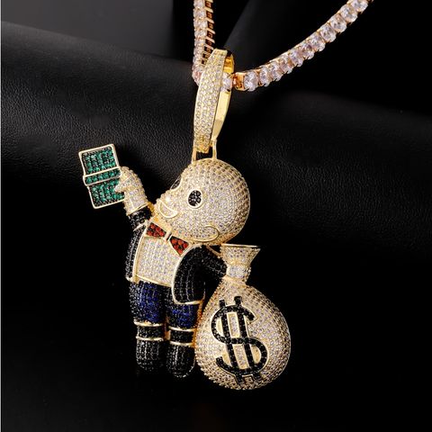 Hip-hop Cool Style Human Cartoon Character Dollars Stainless Steel Plating Inlay Zircon Unisex Pendant Necklace