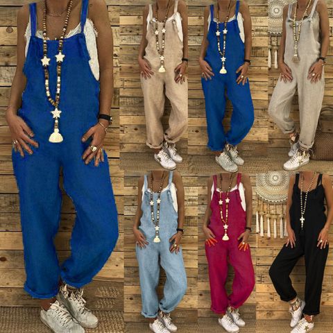 Women's Daily Casual Solid Color Full Length Pocket Jumpsuits