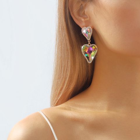 1 Pair Sweet Shiny Heart Shape Inlay Alloy Rhinestones Glass Drop Earrings