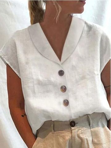 Women's Blouse Short Sleeve Blouses Button Casual Solid Color