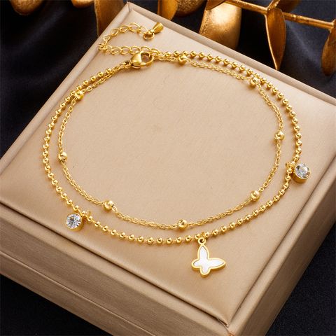 Simple Style Butterfly 304 Stainless Steel Plating Inlay Rhinestones 18K Gold Plated Women's Anklet