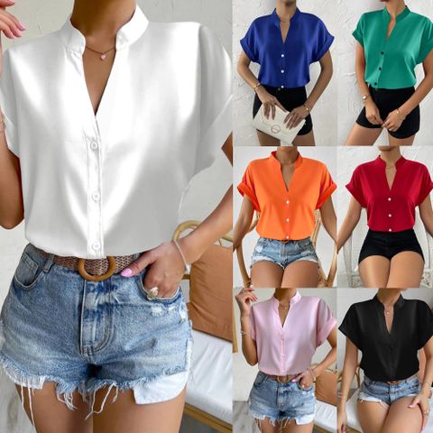 Women's Blouse Short Sleeve Blouses Button Elegant Simple Style Solid Color
