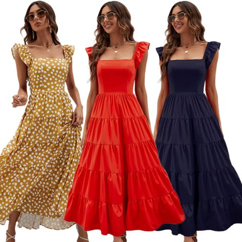 Women's Swing Dress Casual Square Neck Short Sleeve Polka Dots Solid Color Maxi Long Dress Daily