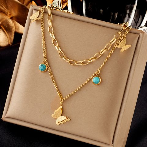 304 Stainless Steel 18K Gold Plated Vintage Style Layered Plating Butterfly Layered Necklaces