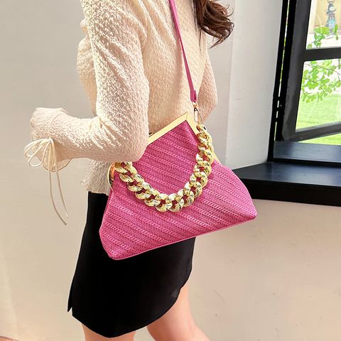 Women's Pu Leather Solid Color Classic Style Sewing Thread Chain Square Buckle Shoulder Bag