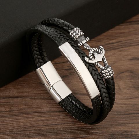 Casual Classical Solid Color Anchor Stainless Steel Pu Leather Handmade Men's Bangle