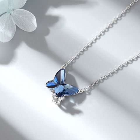 Simple Style Butterfly Sterling Silver Inlay Crystal Pendant Necklace