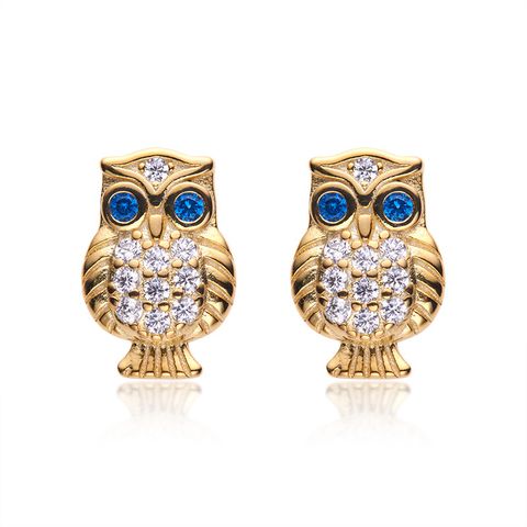 1 Pair Simple Style Owl Inlay Sterling Silver Zircon Ear Studs
