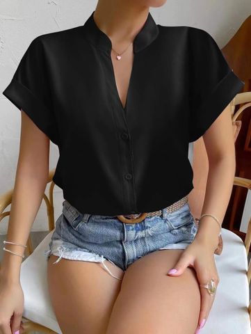 Women's Blouse Short Sleeve Blouses Button Elegant Simple Style Solid Color