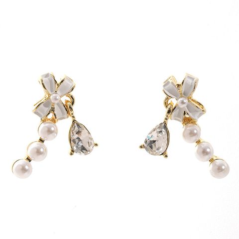 1 Pair Elegant Simple Style Pearl Bow Knot Alloy Rhinestone Drop Earrings