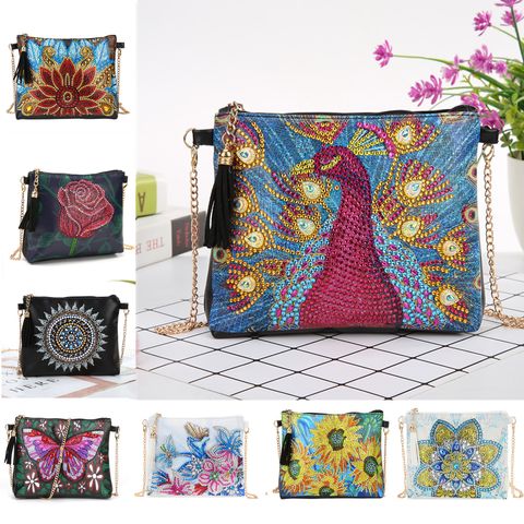 Women's Pu Leather Animal Flower Butterfly Ethnic Style Rhinestone Diamonds Zipper Crossbody Bag