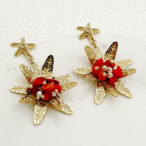 1 Pair Classical Starfish Flower Plating 304 Stainless Steel Natural Stone Pearl Beads 14K Gold Plated Drop Earrings