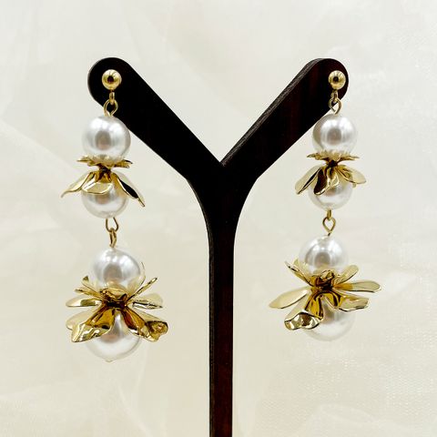 1 Pair Glam Lady Commute Flower Patchwork Plating 304 Stainless Steel Pearl 14K Gold Plated Drop Earrings