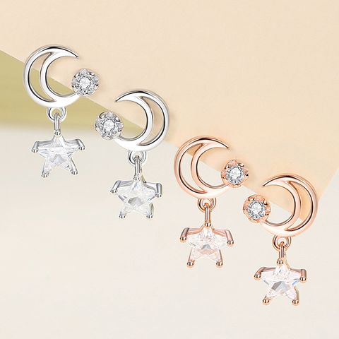 1 Pair Elegant Shiny Star Moon Inlay Sterling Silver Zircon Drop Earrings