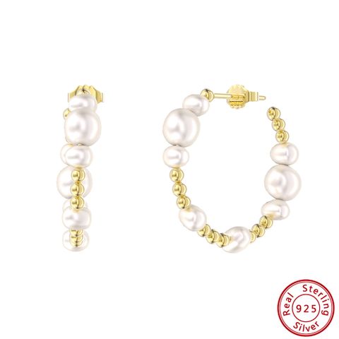 1 Pair Lady Round Polishing Plating Inlay Baroque Pearls Sterling Silver Freshwater Pearl 14k Gold Plated Earrings