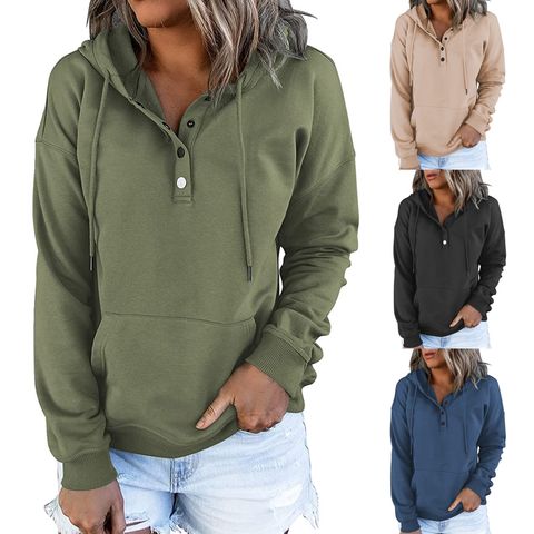 Women's Hoodies Long Sleeve Pocket Button Casual Solid Color