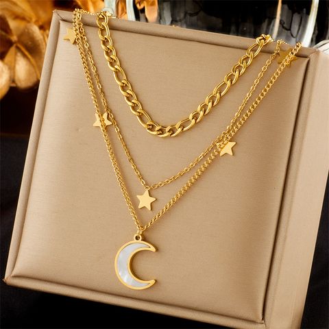 304 Stainless Steel 18K Gold Plated Vintage Style Plating Moon Layered Necklaces