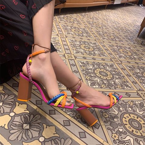 Women's Ethnic Style Bohemian Streetwear Color Block Square Toe Ankle Strap Sandals Fashion Sandals