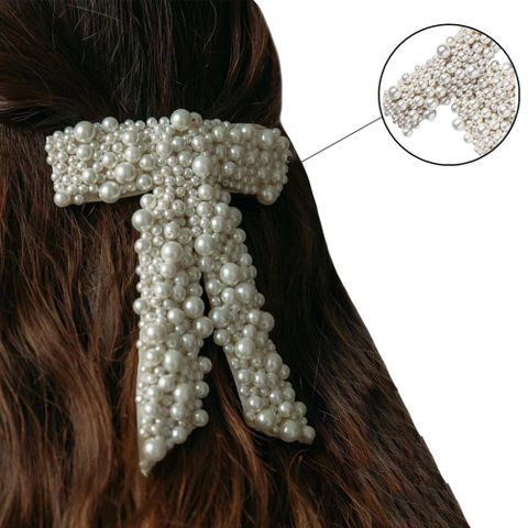Frau Dame Bogenknoten Legierung Tuch Perle Flechten Inlay Künstliche Perlen Haarklammer