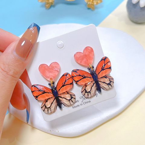 1 Pair Sweet Artistic Gradient Color Heart Shape Butterfly Printing Arylic Drop Earrings