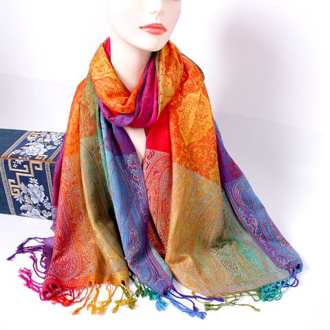 Women's Elegant Lady Multicolor Gradient Color Viscose Polyester Tassel Shawl