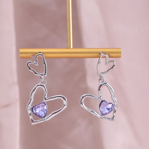 1 Pair Sweet Artistic Double Ring Heart Shape Inlay Alloy Zircon Drop Earrings