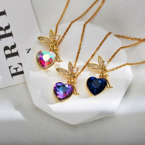 Fairy Style Cartoon Character Heart Shape Titanium Steel Copper Inlay Zircon Pendant Necklace