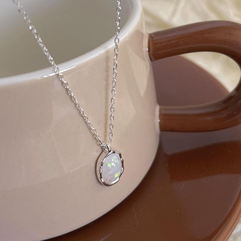 Retro Oval Sterling Silver Inlay Opal Stone Pendant Necklace
