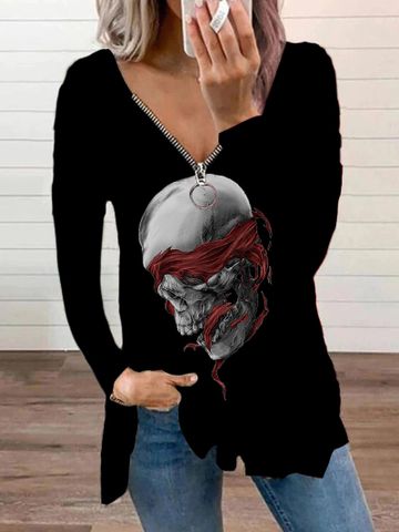 Women's T-shirt Long Sleeve T-shirts Printing Punk Wings Skull