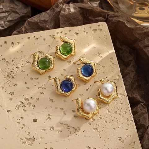 1 Pair Retro Commute Geometric Round Plating Inlay Copper Artificial Pearls Glass 18k Gold Plated Ear Studs