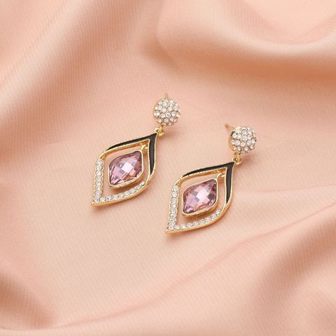 1 Pair Elegant Rhombus Inlay Alloy Crystal Drop Earrings