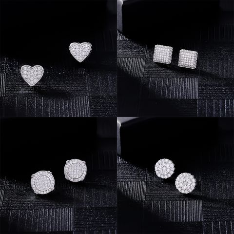 1 Pair Hip-Hop Cool Style Round Square Heart Shape Inlay Copper Zircon Rhodium Plated Ear Studs