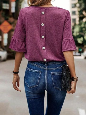 Women's T-shirt Half Sleeve T-shirts Button Casual Solid Color