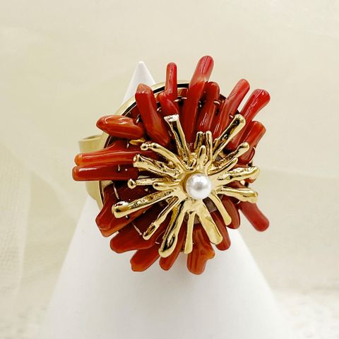 304 Stainless Steel Resin 14K Gold Plated Nordic Style Artistic Plating Inlay Coral Natural Stone Pearl Open Rings