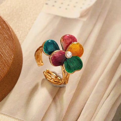 Fairy Style Roman Style Flower Copper Inlay Pearl Open Rings