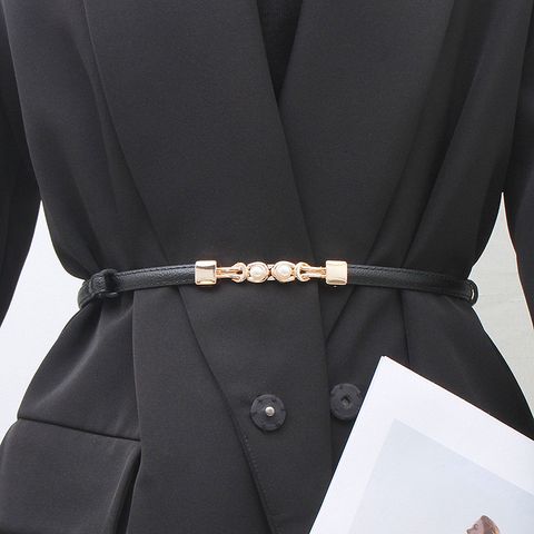 Elegant Solid Color Pu Leather Imitation Pearl Alloy Women's Leather Belts