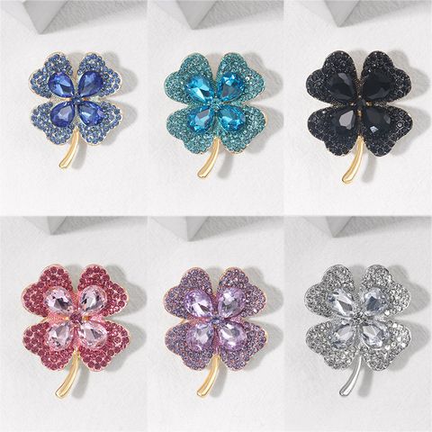 Elegant Four Leaf Clover Metal Inlay Glass Women's Brooches
