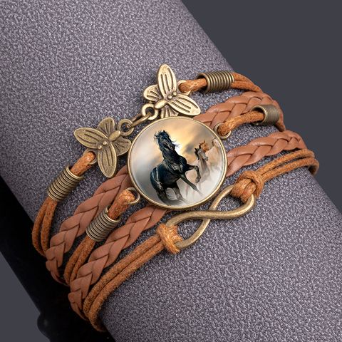 Wholesale Jewelry Retro Butterfly Horse Pu Leather Glass Bracelets