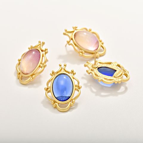 1 Pair Vintage Style Round Inlay Alloy Glass Ear Studs
