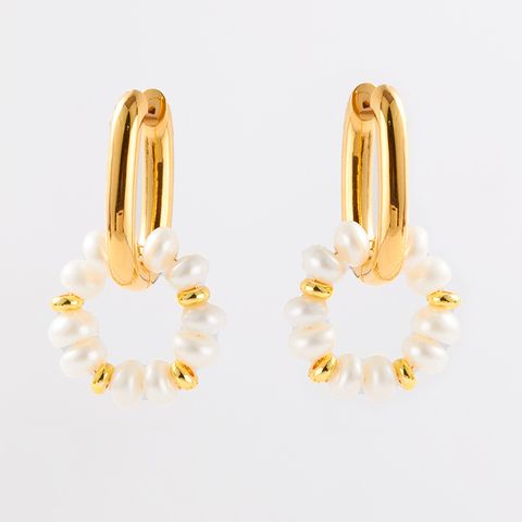 1 Pair Sweet Double Ring Beaded Plating Freshwater Pearl Copper Drop Earrings