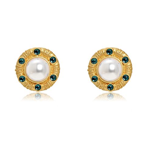 1 Pair Vacation Roman Style Geometric Inlay Alloy Artificial Gemstones Artificial Pearls Ear Studs