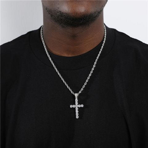 Hip-hop Retro Cross Stainless Steel Inlay Rhinestones Men's Pendant Necklace