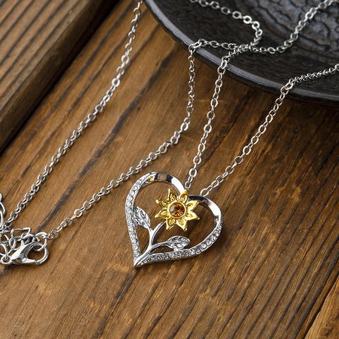Wholesale Jewelry Sweet Sunflower Heart Shape Alloy Iron Rhinestones Plating Inlay Pendant Necklace