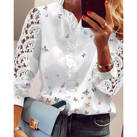 Women's Blouse Long Sleeve Blouses Printing Hollow Out Simple Style Butterfly